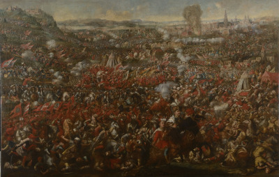 Obraz olejny na płótnie. Ilustruje wyzwolenie Wiednia w roku 1683. Większą cześć kompozycji wypełniają walczące ze sobą wojska. Widać namioty tureckie, kłęby dymu. W tle widać zarys miasta i pejzaż. Na pierwszym planie król Jan III Sobieski na koniu.