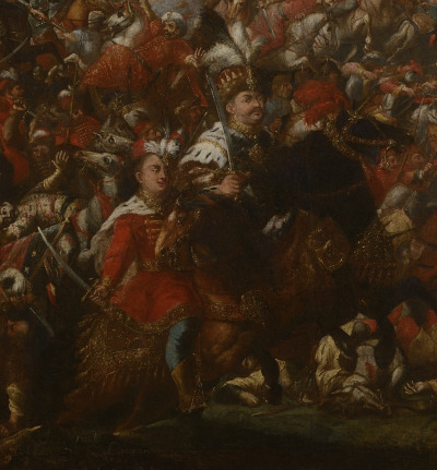 Obraz olejny na płótnie. Zbliżenie na fragment na pierwszym planie. Obraz ilustruje wyzwolenie Wiednia w roku 1683. Widzimy króla Jana III Sobieskiego na koniu.