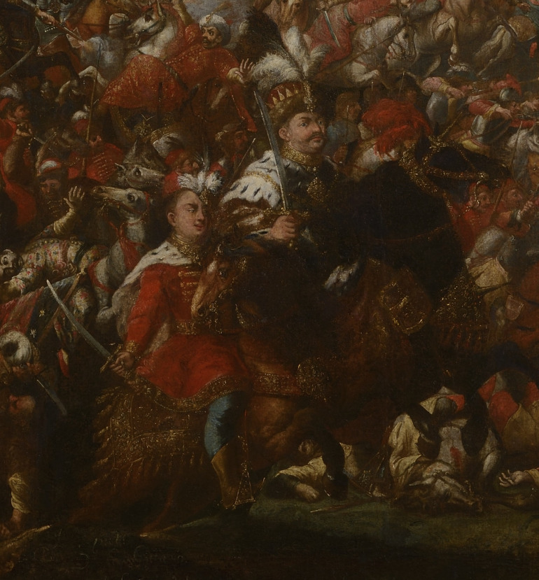 Obraz olejny na płótnie. Zbliżenie na fragment na pierwszym planie. Obraz ilustruje wyzwolenie Wiednia w roku 1683. Widzimy króla Jana III Sobieskiego na koniu.