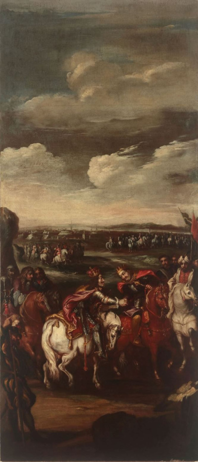 Obraz olejny na płótnie. Przedstawia spotkanie cesarza Leopolda I Habsburga i króla Jana III Sobieskiego po skończonej bitwie wiedeńskiej, 15 września 1683 roku. Obaj władcy, na koniach, podający sobie ręce, wypełniają prawie całą szerokość kompozycji. Górną połowę obrazu stanowi zachmurzone niebo.