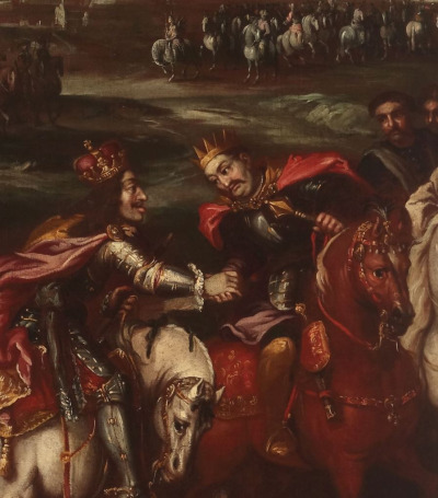Obraz olejny na płótnie. Obraz przedstawia spotkanie Jana III Sobieskiego z Leopoldem I Habsburgiem po skończonej bitwie wiedeńskiej, 15 września 1683 roku. Obaj władcy, na koniach, podający sobie ręce, wypełniają prawie całą szerokość kompozycji. Górną połowę obrazu stanowi zachmurzone niebo.