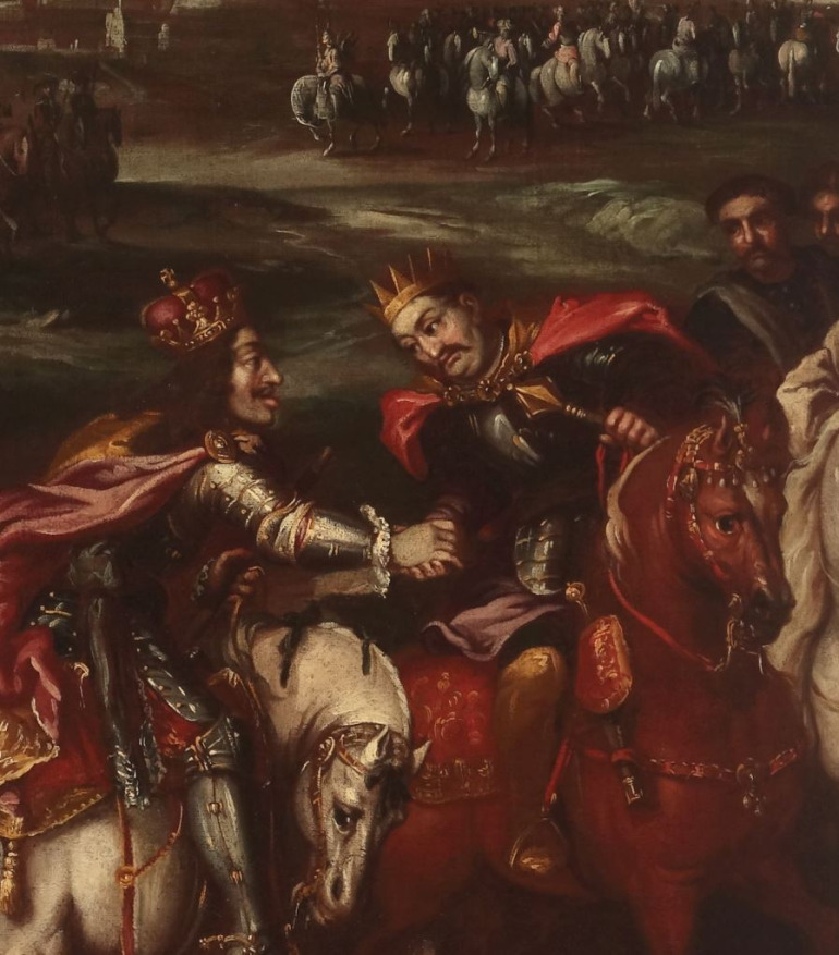 Obraz olejny na płótnie. Obraz przedstawia spotkanie Jana III Sobieskiego z Leopoldem I Habsburgiem po skończonej bitwie wiedeńskiej, 15 września 1683 roku. Obaj władcy, na koniach, podający sobie ręce, wypełniają prawie całą szerokość kompozycji. Górną połowę obrazu stanowi zachmurzone niebo.