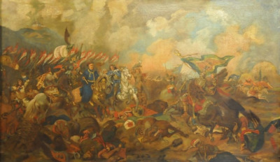 Olej na płótnie „Sobieski pod Wiedniem”. Obraz ukazuje stracie wojsk polskich i tureckich. Po lewej stronie wojska polskie z chorągwiami biało-czerwonymi, po lewej stronie na rozpędzonym koniu jeździec turecki. Na pierwszym planie powalone ciała ludzkie i ranne konie. W tle kłębiące się chmury.