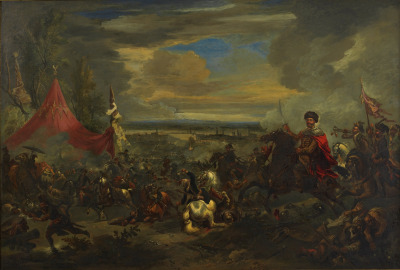 Obraz olejny na płótnie. Przedstawia odsiecz wiedeńską. Król Jan III Sobieski, na koniu i z uniesioną szablą został przedstawiony z lewej strony obrazu, po prawej stronie dominuje czerwony namiot wezyra Kara Mustafy, o który toczy się wciąż zacięta walka. Miasto zostało ledwie zaznaczone w tle, spowite dymem i otoczone wodami Dunaju.