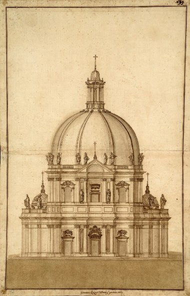 Rysunek ołówkiem. Przedstawia projekt kościoła w widoku ogólnym. Szczegółowo narysowana kopuła ze zwieńczeniem.  