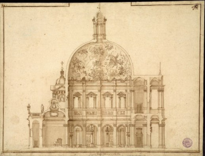 Rysunek ołówkiem. Przedstawia projekt kościoła w widoku ogólnym. Szczegółowo narysowana kopuła ze zwieńczeniem.  