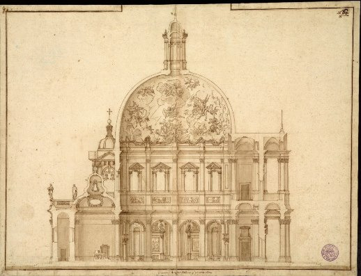 Rysunek ołówkiem. Przedstawia projekt kościoła w widoku ogólnym. Szczegółowo narysowana kopuła ze zwieńczeniem.  