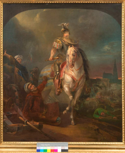 Portret alegoryczny Jana III Sobieskiego. Król siedzi na białym koniu. Ubrany w zbroję, w ręku dzierży buławę. Koń przybrany czaprakiem i jasno czerwonym siodłem. Po lewej stronie rozgrywają się sceny z ludźmi (Turkami?) i leży armata. Po prawej stronię kłęby dymu, leżące martwe ciała i w tle zarys kościoła.