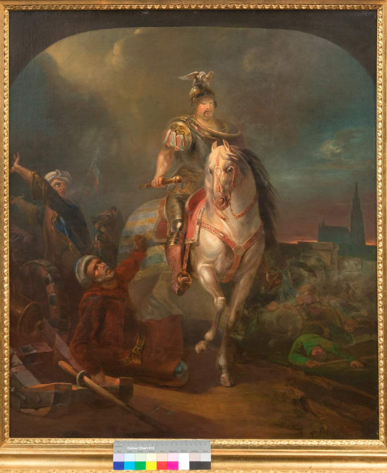 Portret alegoryczny Jana III Sobieskiego. Król siedzi na białym koniu. Ubrany w zbroję, w ręku dzierży buławę. Koń przybrany czaprakiem i jasno czerwonym siodłem. Po lewej stronie rozgrywają się sceny z ludźmi (Turkami?) i leży armata. Po prawej stronię kłęby dymu, leżące martwe ciała i w tle zarys kościoła.