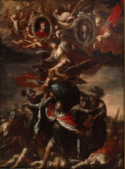 Obraz pt. „Apoteoza Jana III Sobieskiego”. Król ubrany w stój historyczny stoi w rozkroku między zabitymi ciałami. Obok niego mężczyźni w antycznych zbrojach podtrzymują rękami wielką czarną kulę (berło?). Na kuli siedzi orzeł z rozpostartymi skrzydłami, nad nim postać anioła grającego na trąbce. W chmurach kłębiące się anioły, które podtrzymują dwa portrety: z lewej Innocentego XI i z prawej strony:  Leopolda I Habsburga.