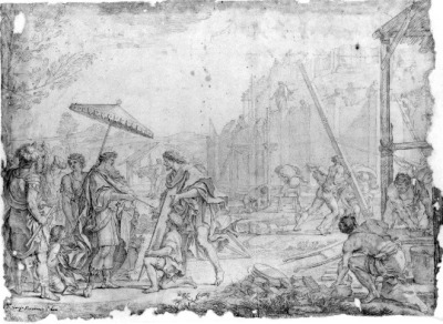 Stary rysunek przedstawiający historię budowy wieży Babel. Scena pokazuje rozebranych mężczyzn - budowniczych, którzy dźwigają belki i pracują przy budowie. Na pierwszym planie po lewej stronie scena grupowa. Pod parasolem, w otoczeniu żołnierzy stoi mężczyzna, który rozmawia z innym. 