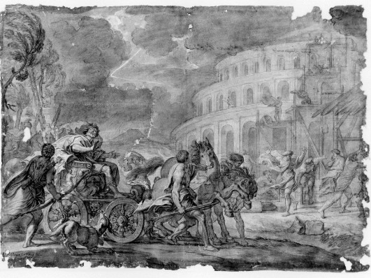 Stary rysunek przedstawiający historię budowy wieży Babel. Scena pokazuje zatrzymany rydwan zaprzężony w konia, na którym jedzie mężczyzna. Towarzyszą mu inni, posługujący mu ludzie z łukami w rękach. Na drugim planie duża budowla z arkadami, która sięga chmur i wokół niej ludzie.  