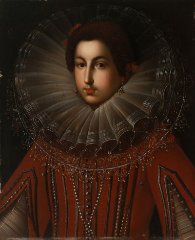 Portret z kolekcji wilanowskiej przedstawia, jak się uważa, wnuczkę króla Jana III, Marię Klementynę Stuart. Młoda kobieta z kolczykami w uszach. Ubrana w czerwoną suknię zdobioną perłami z wielkim kołnierzem przy szyi wykonaną z delikatnego materiału - przypuszczalnie z tiulu. 