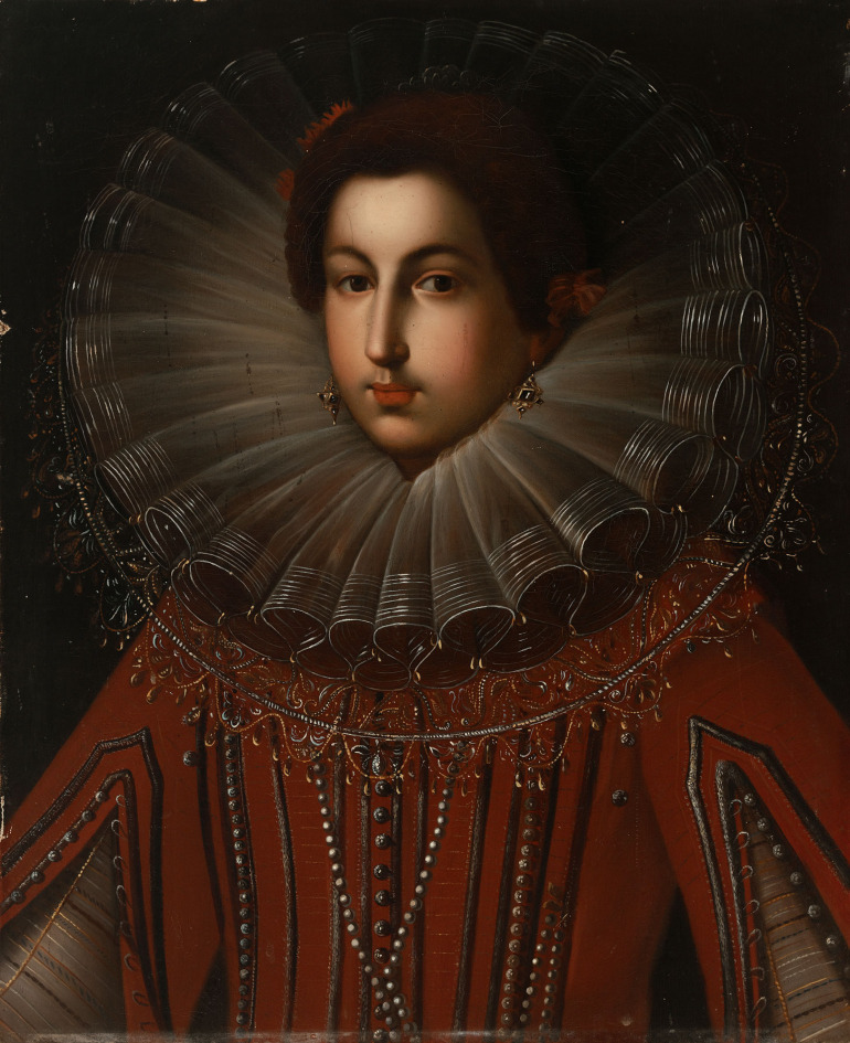 Portret z kolekcji wilanowskiej przedstawia, jak się uważa, wnuczkę króla Jana III, Marię Klementynę Stuart. Młoda kobieta z kolczykami w uszach. Ubrana w czerwoną suknię zdobioną perłami z wielkim kołnierzem przy szyi wykonaną z delikatnego materiału - przypuszczalnie z tiulu. 