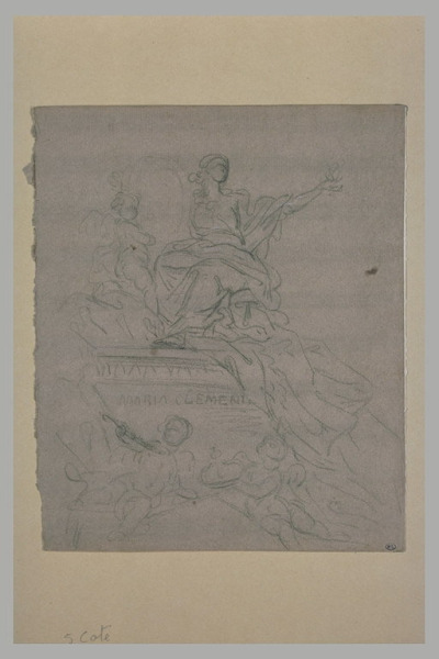 Rysunek na papierze. Projekt epitafium Marii Klementyny Sobieskiej w Bazylice św. Piotra w Rzymie. W centrum kompozycji przedstawiona została siedząca młoda kobieta. Ze zwróconą w lewo głową spogląda na tlący się w jej uniesionej dłoni płomień będący wyrazem gorącej miłości do Boga. Kobieta prawą ręką ujmuje owalną masywną ramę będącą miejscem przeznaczonym na portret zmarłej. Ramę obrazu u dołu podtrzymuje stojące putto. Postument, na którym przedstawione zostały postaci, pokryty jest dekoracyjną tkaniną, której końce spływającą w dół po obu stronach kompozycji.  Na samym dole widnieją dwa putta trzymające królewskie atrybuty: berło i koronę. Całość zakomponowano w formie piramidalnej.