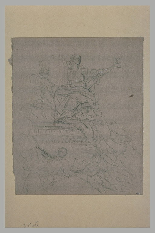 Rysunek na papierze. Projekt epitafium Marii Klementyny Sobieskiej w Bazylice św. Piotra w Rzymie. W centrum kompozycji przedstawiona została siedząca młoda kobieta. Ze zwróconą w lewo głową spogląda na tlący się w jej uniesionej dłoni płomień będący wyrazem gorącej miłości do Boga. Kobieta prawą ręką ujmuje owalną masywną ramę będącą miejscem przeznaczonym na portret zmarłej. Ramę obrazu u dołu podtrzymuje stojące putto. Postument, na którym przedstawione zostały postaci, pokryty jest dekoracyjną tkaniną, której końce spływającą w dół po obu stronach kompozycji.  Na samym dole widnieją dwa putta trzymające królewskie atrybuty: berło i koronę. Całość zakomponowano w formie piramidalnej.