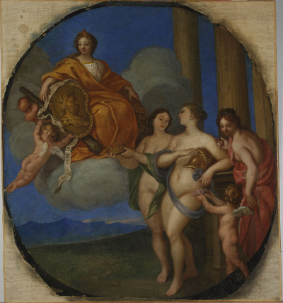 Obraz olejny na płótnie. Przedstawia alegorię króla Jana III Sobieskiego. Na pierwszym planie putto oraz trzy alegoryczne postacie kobiece z atrybutami: koroną i hełmem. Na drugim planie postać kobieca siedząca na obłoku. Prawą rękę obejmuje kartusz z portretem Jana III Sobieskiego, w drugiej trzyma róg obfitości. Jedno z putt po prawej stronie postaci podtrzymuje kolumnę, na której opiera się kartusz, drugie trzyma wstęgę. Scena rozgrywa się na tle pejzażu ze wzgórzami, po prawej stornie za postaciami widoczne są trzy antyczne kolumny.