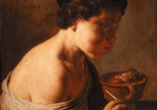 Obraz przedstawia młodego mężczyznę, w czapce na głowie, z fajką w ręce, który dmucha na żar.