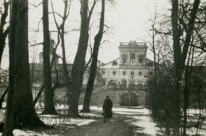 Zima. Kobieta idzie aleją przez park. Za nią widać wejście na taras górny i fragment korpusu głównego pałacu.