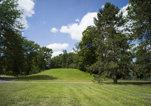 Góra Bachusa. Zielony pagórek otoczony trawą i drzewami.