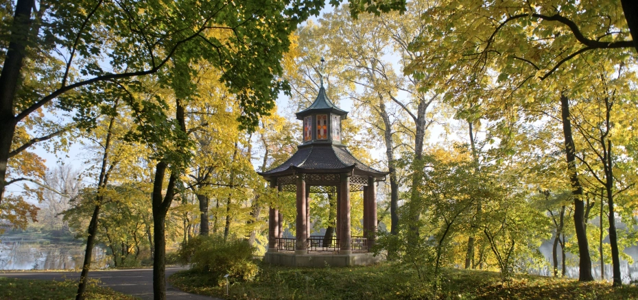 Widok na zielony park i budowlę w stylu chińskim.  Jest to park znajdujący się w Wilanowie. 