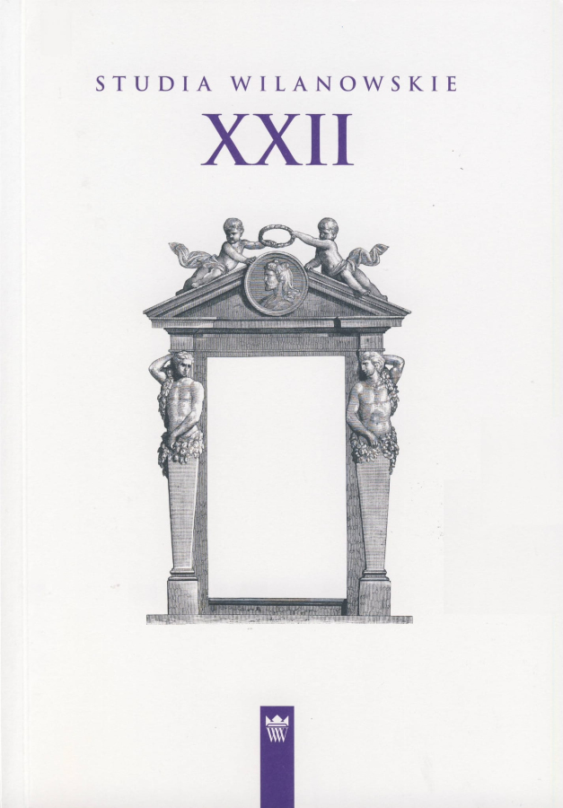 Okładka do publikacji "Studia Wilanowskie XXII". Przedstawia portal z dwoma kolumnami. Ich górna część to torsy kobiet. Na szczycie portret i dwójka małych dzieci. 