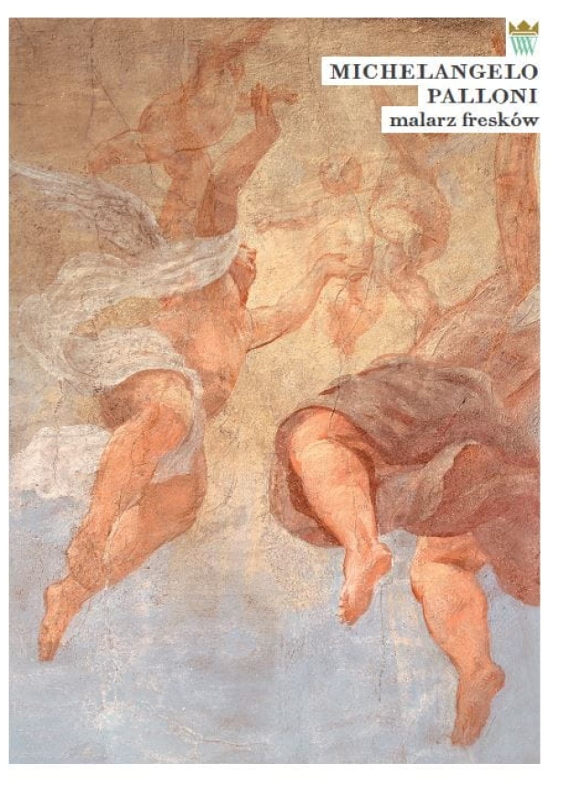 Okładka do książki "Michelangelo Palloni, malarz fresków" z freskiem przedstawiającym postaci na tle nieba. 