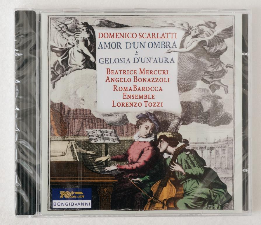 Okładka do płyty CD "Domenico o Scarlatti, Amor D'un'Ombra e Gelosia D'un'Aura" z kolorową grafiką, która przedstawia mzyków przy klawesynie i wiolonczeli. 