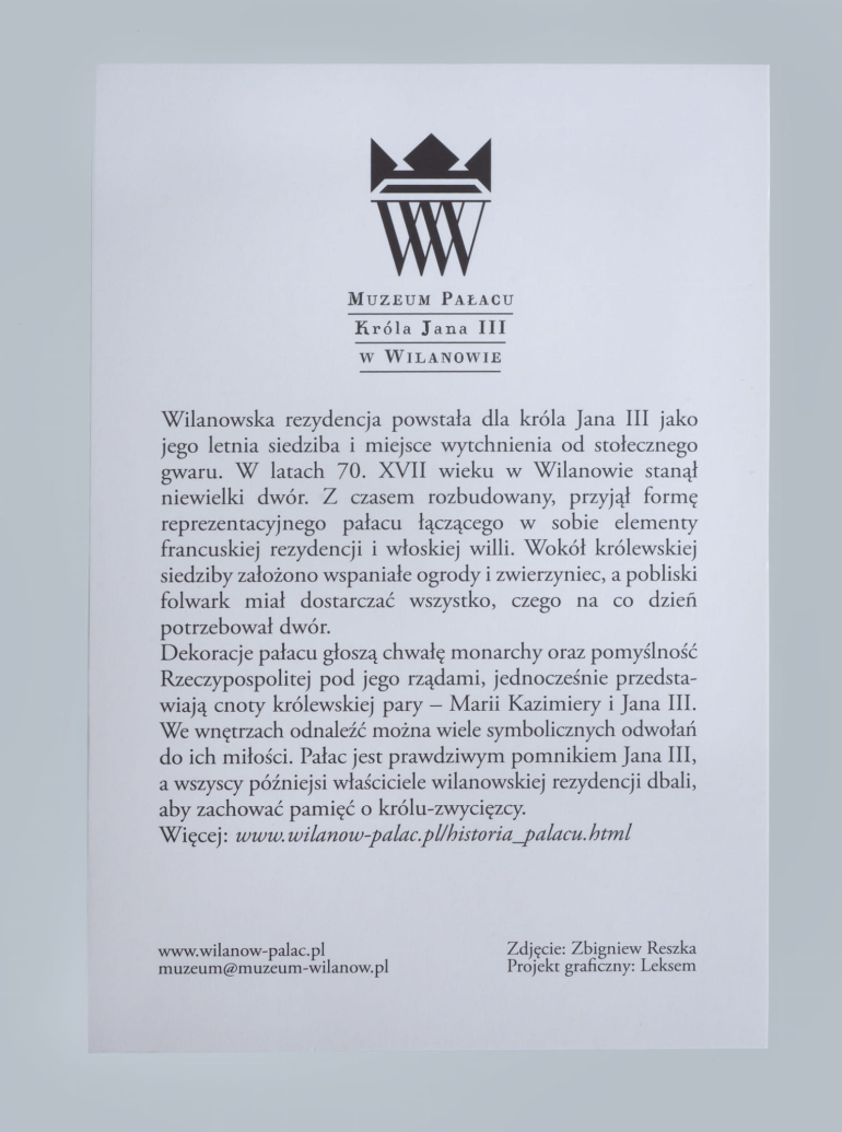 Biała kartka papieru z tekstem. U góry logotyp Muzeum Pałacu Króla Jana III Sobieskiego. 