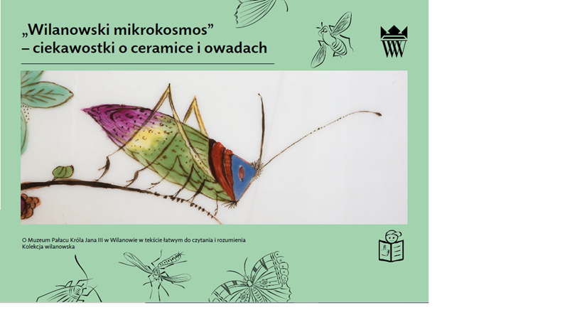 Okładka do e-booka „Wilanowski mikrokosmos” – ciekawostki o ceramice i owadach. Na okładce kolorowa grafika z owadem. 