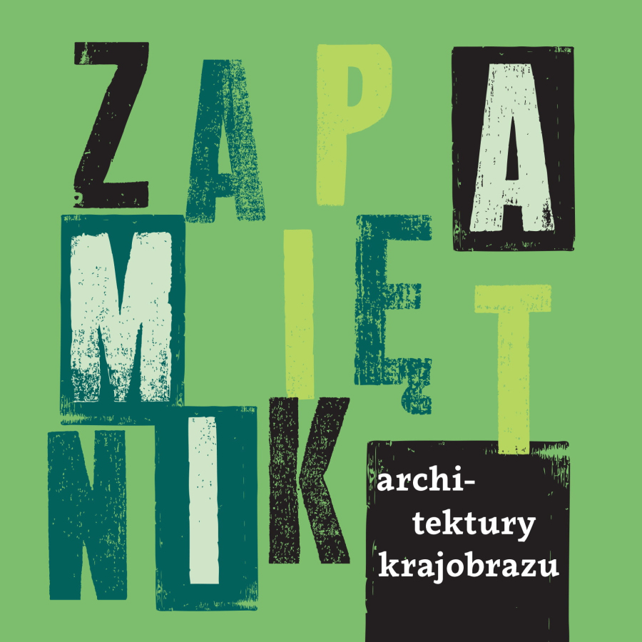 Kolorowa okładka do ebooka pt. "Zapamiętnik architektury krajobrazu". Grafika w kolorze zieleni i czerni. 