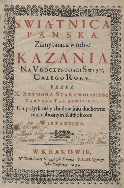 Okładka starej księgi pt. Świątnica Pańska zamykająca w sobie kazania na uroczystości świąt całego roku". 