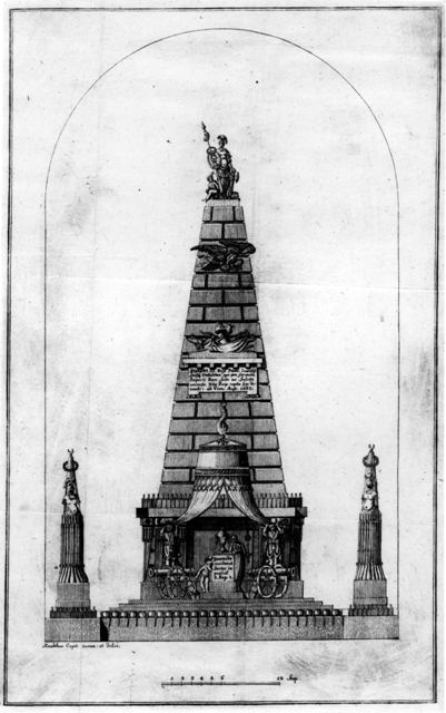 Grafika przedstawia pomnik w formie obelisku. Po prawej i lewej stronie dwie strzeliste ozdoby z rzeźbami. Na pierwszym planie baldachim, powyżej tablica z napisem. Na szczycie obelisku postać męska w antycznej zbroi. 