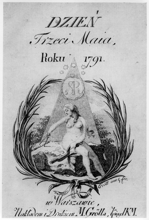 Grafika z napisem „Dzień Trzeci Maia Roku 1791" i przedstawieniem nagiej kobiety siedzącej przy obelisku i piszącej coś na ziemi. Naokoło sceny wieniec roślinny.