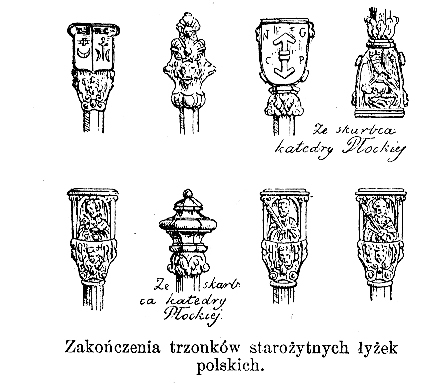 Ilustracja przedstawia osiem elementów, które stanowią zakończenia trzonków starożytnych łyżek polskich. Każde zakończenie inaczej zdobione.