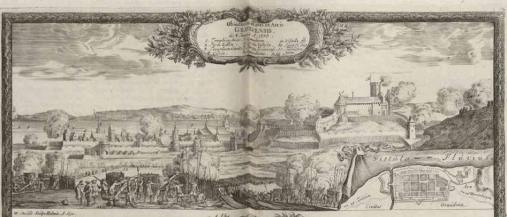 Fragment ryciny z widokiem miasta średniowiecznego. Na pierwszym planie ludzie, w tle zabudowania i zamek obronny. Po prawej stronie fragment mapy miejskiej. Pośrodku owalna tablica  z napisami w ramie zdobionej wiciami roślinnymi.