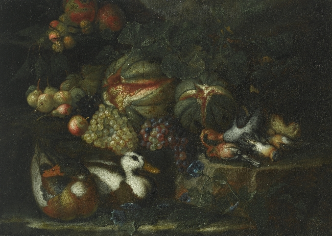 Obraz olejny przedstawia martwą naturę. Na pierwszym planie dwie kaczki, głębiej owoce: winogrona, jabłka, gruszki oraz arbuzy. Obraz utrzymany jest w tonacji zieleni brązów i bieli.