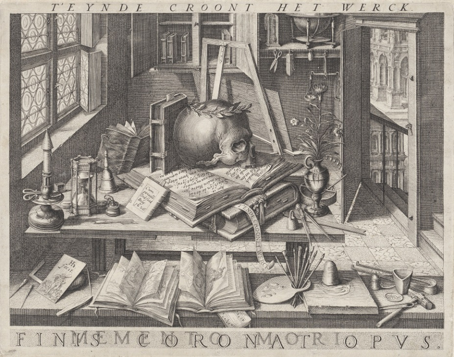 Grafika „Vanitas” przedstawia wnętrze pokoju w którym znajduje się stół, na którym są rozłożone księgi i czaszka, narzędzia. Stoi tam wazon z kwiatami, klepsydra, dzwonek oraz świecznik. Poniżej jest ława a na niej leżą otwarte książki, paleta z pędzlami i inne przedmioty. W głębi wnętrza stoi sztaluga malarska. 