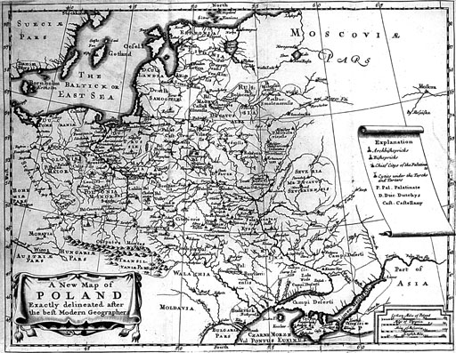 Mapa z napisem "A new map of Poland". Jest to strona tytułowa dzieła Bernarda O’Connora „The history of Poland...”.