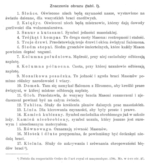 Karta z wydrukowanym tekstem. Są to objaśnienie do ryciny z druku: Stanisława Załęskiego, O masonii w Polsce od r. 1738 do 1822.