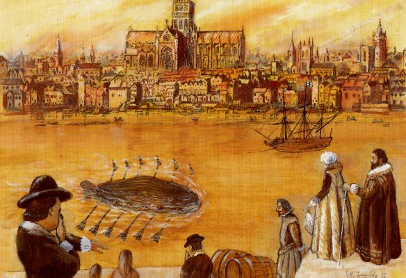 Litografia z przedstawieniem łodzi podwodnej. Na pierwszym planie ludzie obserwujący rzekę po której płynie statek i łódź. W głębi miasto i widok na bazylikę. Grafika utrzymana w tonacji brązów i żółcieni.