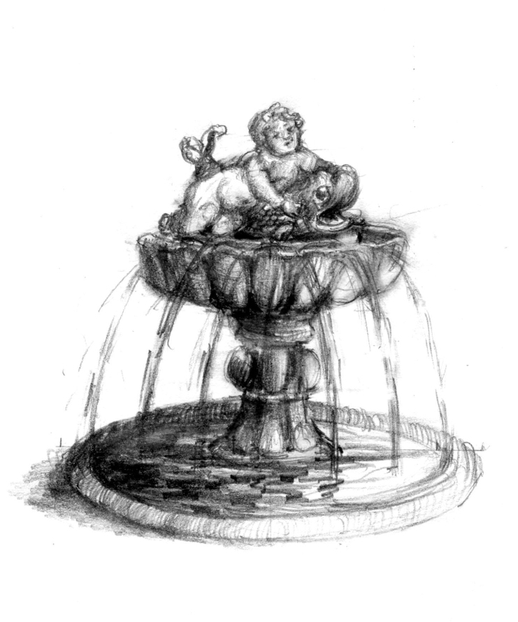 Rysunek przedstawia fontannę z amorem i rybą, którzy wyłaniają się z górnej czaszy. Jest to rekonstrukcja fontanny z ogrodu Władysława IV przy Villa Regia.