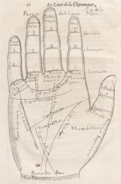 Rysunek prawej ręki z liniami papilarnymi. Na nich oznaczenia w postaci gwiazd i liczb. Jest to tablica z książki Sieura de Peruchia, La chiromance, la physionomie et la geomance...