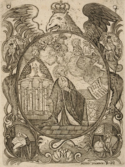 Rycina przedstawia obraz w ramię owalnej. Widzimy duchownego klęczącego przy kaplicy i spoglądającego w niebo, gdzie są święci. Na zewnątrz orzeł z koroną na głowie, oraz zdobienia roślinne i cztery małe obrazy z portretowanym. Pokazują tego duchownego, na różnych etapach jego życia. Jest to Św. Jan z Kęt. 