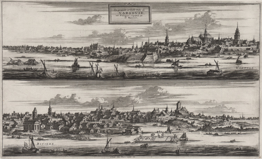 Rycina przedstawia dwa horyzontalne widoki na miasto wraz z tekstem na samej górze. Jedno ujęcie od strony rzeki, drugie bardziej z boku. Rysunek precyzyjny, oddaje każdy szczegół. Jest to widok Warszawy w 18 wieku.