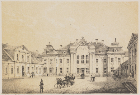 Grafika przedstawia pałac i boczne zabudowania architektoniczne. Na placu przed fasadą pałacową,  dorożki i spacerujący ludzie. Jest to Pałac Bielińskich.