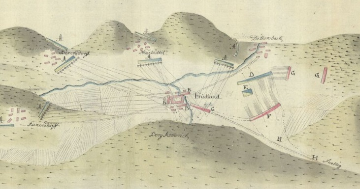 Ilustracja przedstawia pagórki, pomiędzy którymi zostały rozrysowane tzw. „ruchy” wojsk. Jest to oblężenie Frytlantu. 