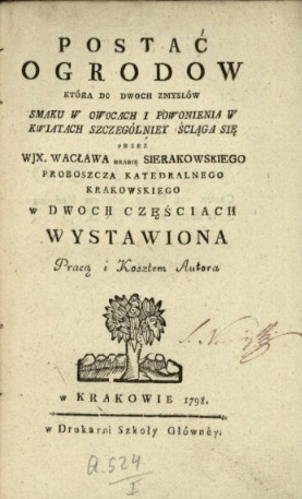 Stara karta z księgi lub książki z napisem: Postać ogrodow, która do dwoch zmysłów smaku w owocach i powonienia w kwiatach szczególniey ściąga się, Wacław Sierakowski.