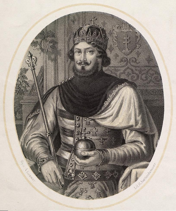 Portret młodego króla we wnętrzu. Król siedzi dumie na tronie. W lewej ręce trzyma berło, w prawej włócznię. Ma brodę i półdługie włosy. Jest to Ludwik król Polski i Węgierski. 