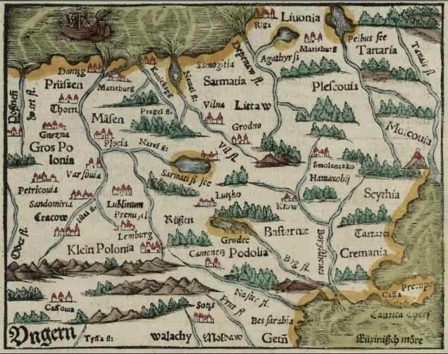 Kolorowa, stara mapa mapa. Widzimy zaznaczone rzeki, jeziora, pagórki i drzewa. 